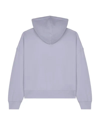 Back view of the “Femme Fiasco” hoodie with self-fabric halfmoon detail, designed by Katrin Valgemäe