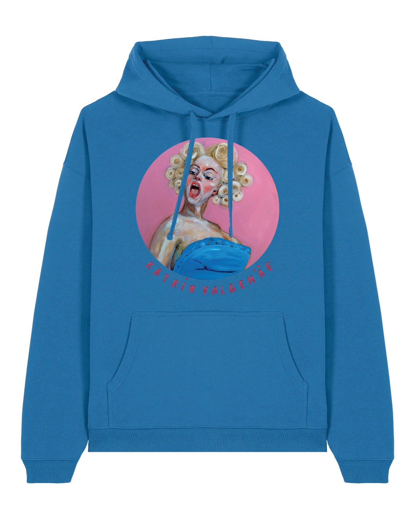 Front view of the “Meta-Absinthe” oversized hoodie by Katrin Valgemäe with glitter-print logo