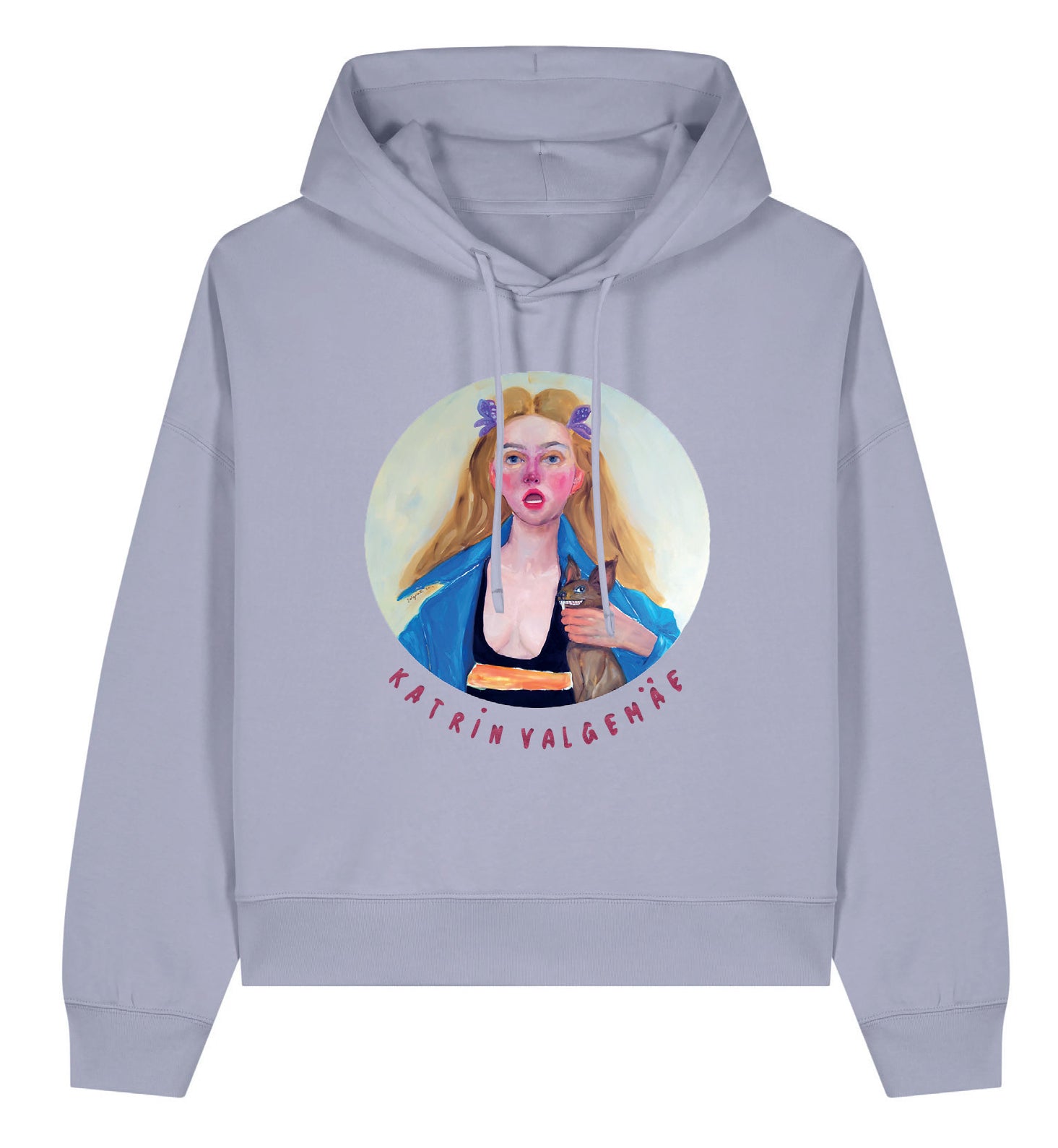 Front view of the “Femme Fiasco” women’s hoodie by Katrin Valgemäe with glitter-print logo