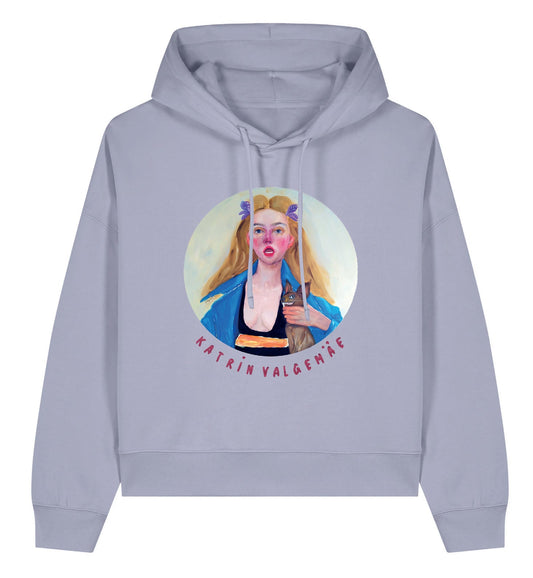 Front view of the “Femme Fiasco” women’s hoodie by Katrin Valgemäe with glitter-print logo