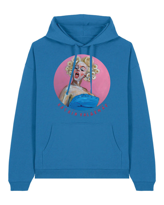 Front view of the “Meta-Absinthe” oversized hoodie by Katrin Valgemäe with glitter-print logo