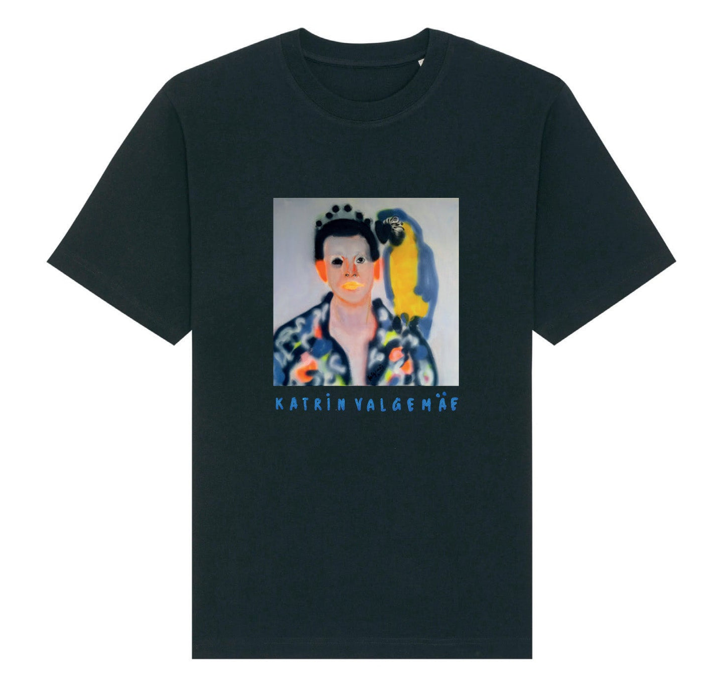 Front view of the “Pirate” Unisex T-shirt by Katrin Valgemäe, showcasing the glitter print logo and heavy-weight organic cotton fabric