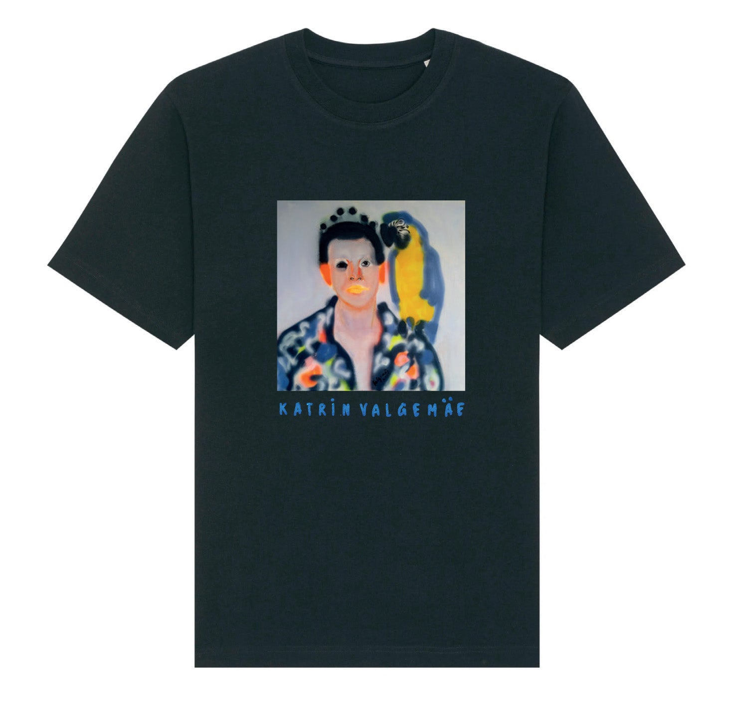 Front view of the “Pirate” Unisex T-shirt by Katrin Valgemäe, showcasing the glitter print logo and heavy-weight organic cotton fabric