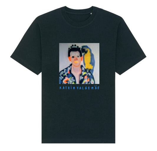 Front view of the “Pirate” Unisex T-shirt by Katrin Valgemäe, showcasing the glitter print logo and heavy-weight organic cotton fabric